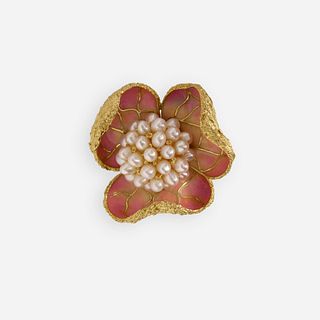 Gold, enamel, and cultured pearl flower brooch