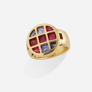 Iolite, tourmaline, and gold ring