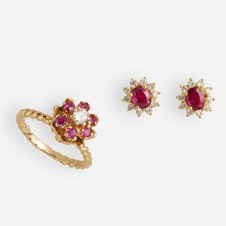 Ruby and diamond ring and earrings