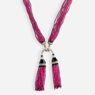 Multi-strand ruby, black onyx, and diamond tassel necklace