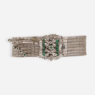 Diamond, emerald, and white gold bracelet