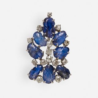 Carved sapphire and diamond brooch
