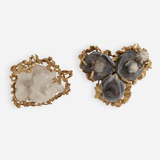 Pair of geode crystal abstract gold brooches
