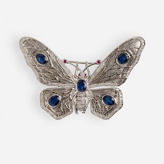 Sapphire, diamond, ruby, and white gold butterfly brooch