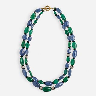 Sapphire, emerald, and diamond bead necklace