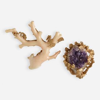 Pair of coral and amethyst gold brooches