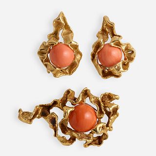 Suite of Modernist coral and gold jewelry