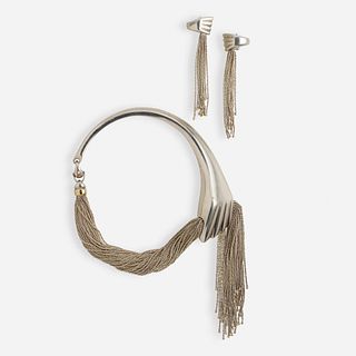 Sterling silver and gold tassel choker necklace with earrings en suite