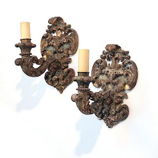 PAIR CONTINENTAL CARVED WALL SCONCES