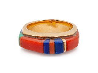 Charles Loloma
(HOPI, 1921-1991)
14k Gold Ring with Turquoise, Coral, and Lapis Inlay