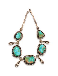 Julian Lovato 
(KEWA, b. 1922)
Sterling Silver and Blue Gem Turquoise Necklace 