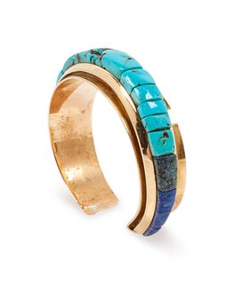 Victor Beck
(DINE, B. 1941)
14k Gold, Turquoise, and Lapis Inlay Cuff Bracelet