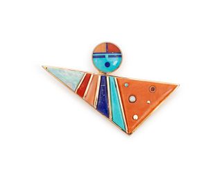 Jesse Monongya 
(HOPI / DINE, B. 1952)
Gold Abstract Figural Brooch, set with Turquoise Coral, Opal and Lapis