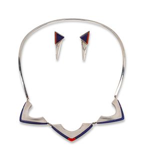 Richard Chavez
(SAN FELIPE, B. 1949)
Sterling Silver Necklace and Earrings Set, with Coral and Lapis Inlay