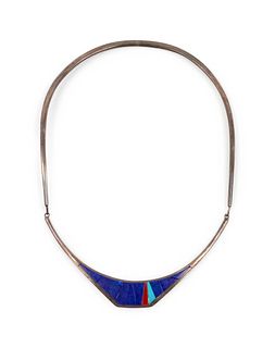 Richard Chavez
(SAN FELIPE, B. 1949)
Silver Choker with Lapis, Coral, and Turquoise Mosaic Inlay  