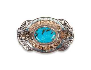 Robert Taylor
(DINE, B. 1961)
Sterling Silver Belt Buckle, with Morenci Turqoise and 14k Gold Accents