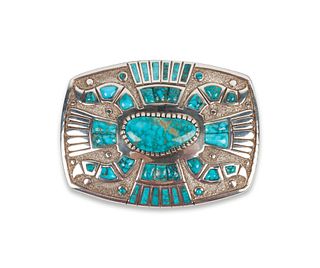 Michael Perry
(DINE, B. 1972)
Sterling Silver and Lone Mountain Turquoise Belt Buckle and Cuff Bracelet