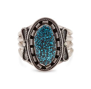 Navajo Silver and Lander Turquoise Cuff Bracelet
 interior circumference 5 1/2 inches x gap length 1 inch, weight 57.2 dwt.