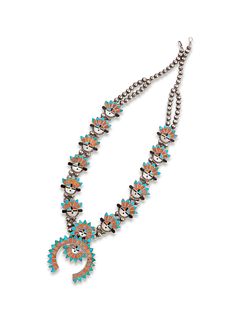 Zuni Sunface Inlay Squash Blossom Necklace
necklace length 26 inches, naja length 3 inches; weight 65.8 dwt. 