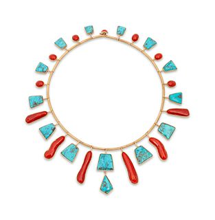 Gold, Turquoise, and Coral Collar Necklace
diameter 15 3/4 inches, weight 50.25 dwt.