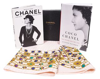 3 Coco Chanel Books and Pink Silk Chanel Scarf