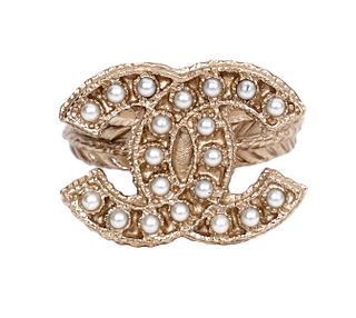 Chanel CC & Faux Seed Pearl Ring 2014 Size 5.5