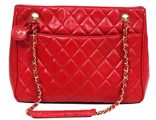Chanel Vintage Red Lambskin Tote Shoulder Bag 1994
