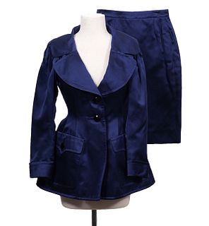 Yves Saint Laurent Blue Silk Skirt Suit Size 34