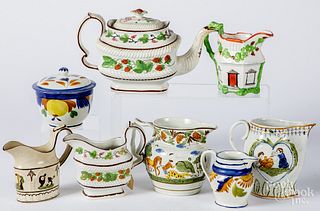 Pearlware strawberry teapot and creamer, etc.