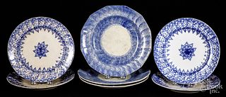 Seven blue spongeware and spatter plates