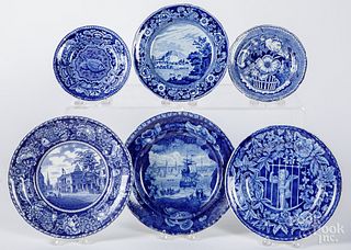 Six blue Staffordshire plates