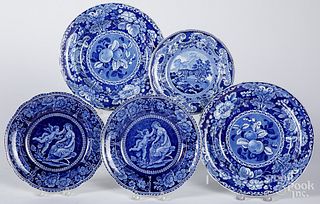 Five blue Staffordshire plates