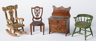 Three miniature painted chairs and a dresser