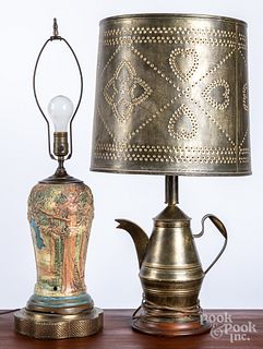 Tin coffeepot table lamp, Weller lamp