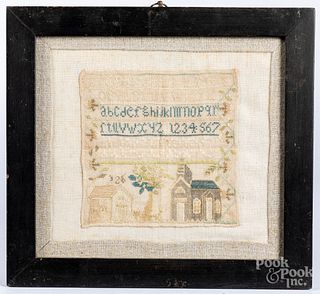 Small silk on linen house sampler, 19th c.