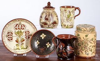 Six pieces of Keyser sgraffito redware