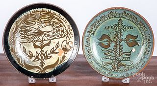 Two Isaac Stahl sgraffito redware plates
