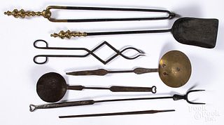 Wrought iron and brass utensils, fireplace tools