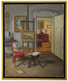Signed, 1933 Interior Oil on Canvas Painting