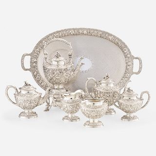 Schofield Co., six-piece Baltimore Rose coffee and tea service with tray