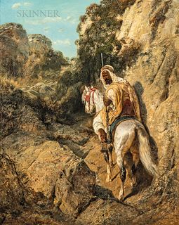 Adolph Schreyer (French/German, 1828-1899)      Arab Horseman Ascending a Rocky Hillside Path