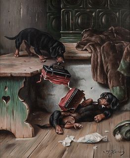 Johann Hartung (German, 1836-1918)      Two Paintings of Dachshunds at Play