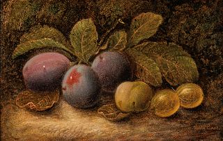 Oliver Clare (British, 1853-1927)      Two Still Life Paintings: Peach, Plum, Grapes, and Gooseberries