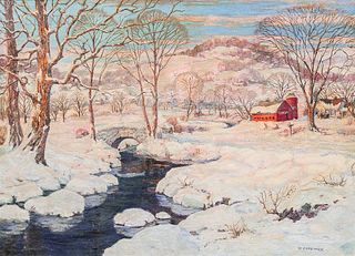 William Chadwick (American, 1879-1962)      Snowy Landscape with Red Barn and Stream