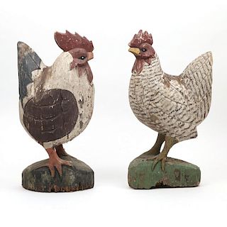 TWO CARVED POLYCHROME PRIMITIVE ROOSTERS
