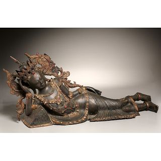 Burmese bronze recumbent Buddha