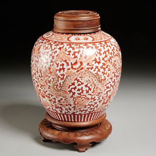 Chinese iron-red dragon ginger jar on stand