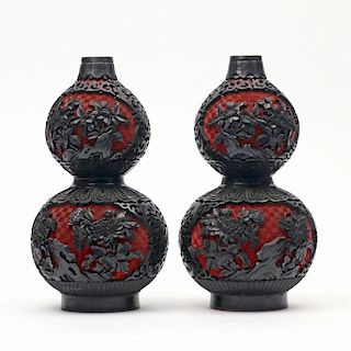 PAIR CINNABAR LACQUER DOUBLE GOURD VASES