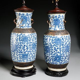 Pair Chinese blue and white vase lamps