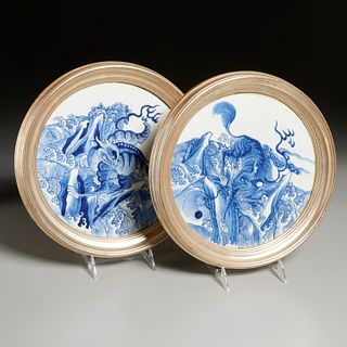 Pair Chinese blue & white porcelain Qilin plaques